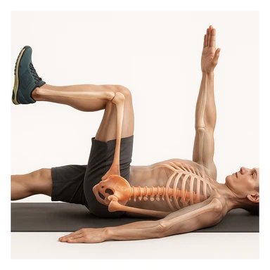 Anatomically hyperrealistic 4K depiction of a man lying on the ground in dead bug position, viewed from the side as in the reference. Highlight the pelvis and spine bones in 3D with realistic anatomical details, translucent muscles and skin to show the skeleton, medical atmosphere. Same pose and perspective as the reference. sticker