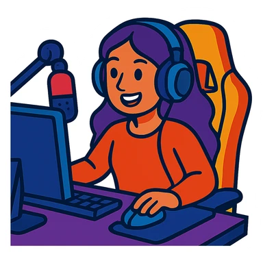 female streamer with headphones and a gaming chair sticker