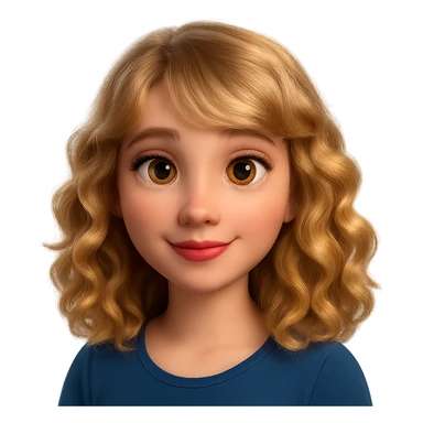 Redraw this character in a 3D Disney Pixar animation style with realistic lighting, soft textures, and expressive features. Keep the blonde curly hair, golden eyes, and red lips. Make it look like a Disney Pixar character with a transparent background. sticker