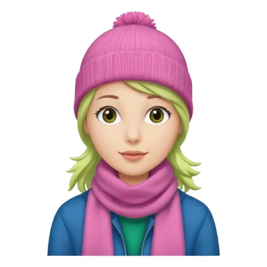 una mujer con: pink beanie, green bufanda and long blue jacket sticker