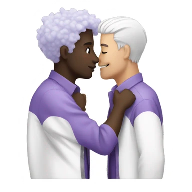 Two men kissing, one of them black and the other white with lavender hair sticker