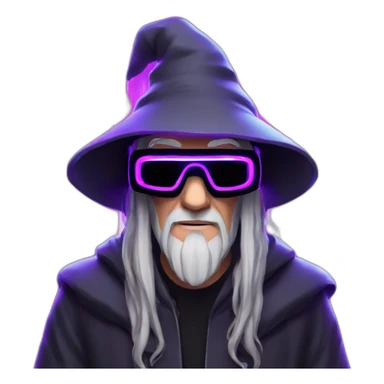 Gandalf wearing a black hoodie with "OMG" letters on it and VR headset in a cyberpunk VR environment with violet neon lighting. sticker