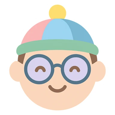 a face wearing a colorful hat and round glasses, cartoon style, cute expression, icon style sticker