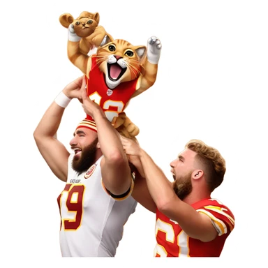 Taylor swift and Travis Kelce holding a bengal cat that is wearing a chiefs jersey in the air like Rafiki holds simba in the lion king  sticker