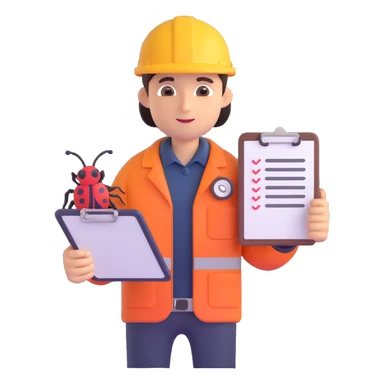 professional QA engineer character holding a clipboard and a bug icon sticker