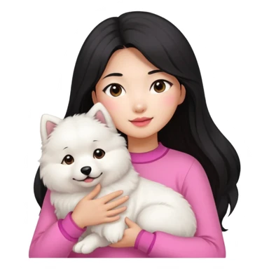 A black long hair asian pretty girl with a bright skintone and pink outfit holding a samoyed dog sticker
