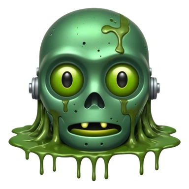make a tired old melting robot emoji, covered in green sludge, 2d, make the eyes melting and gross sticker