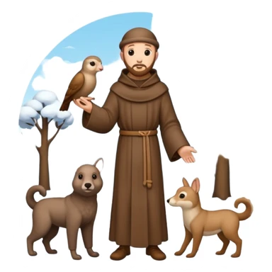 create a full body shot of Saint Francis of Assisi cartoon modern type with animals during the winter, background, to be used as an AI crfreation in HeyGen.com, please create a winter background sticker