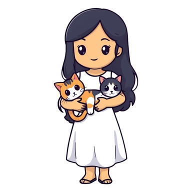 A beautiful girl with long black hair wearing a white dress holds an Abyssinian cat in her arms sticker