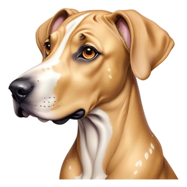 Cinematic Cute Fawn Great Dane Portrait Emoji, Head tilted playfully and inquisitively, showcasing a glossy fawn coat with a subtle luster, round, sparkling amber eyes filled with curiosity, Simplified yet irresistibly adorable features, highly detailed, glowing with a warm, friendly glow, high shine, affectionate and gentle, stylized with a touch of whimsy, bright and endearing, soft glowing outline, capturing the essence of a mischievous yet loving pup, so playful it feels like it could lumber out of the screen and into your arms! sticker