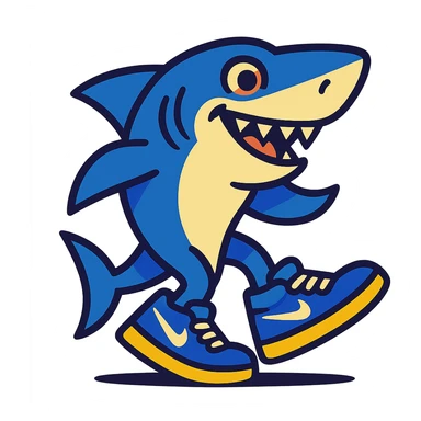 a shark wearing blue Nike shoes, vibrant and playful style sticker