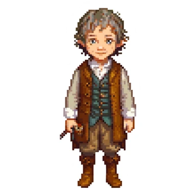 Whole body image of bilbo baggins from the hobbit movie in pixel art style. Bilbo is younger. Make Bilbo look like the actor that portrayed him in the movie, Martin Freeman. Bilbo is wearing the same outfit he was wearing when he left the shire with Thorin Oakenshield. sticker