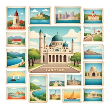 Icon for Postcard Collecting: a collection of colorful vintage postcards, featuring scenic views, landmarks, and greetings, arranged neatly in an album or on a display board. The icon should convey the charm and nostalgia of postcard collecting. Transparent background. sticker
