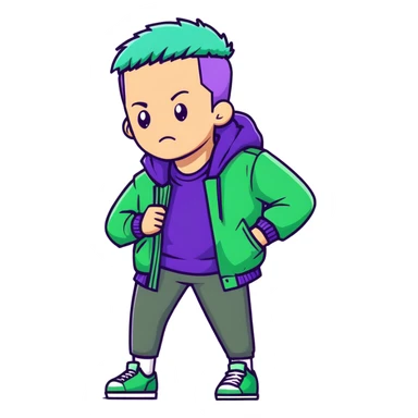 Man with stylish green jacket and purple hair, strong pose, bold expression, modern clothing style sticker