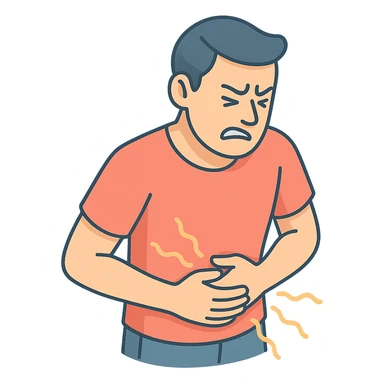 A very detailed 2D isometric style illustration of a person (patient) with a stomach ache, shown from the waist up in a close-up. The person is holding their stomach and grimacing in pain, with pain waves radiating from the stomach area similar to the fourth variant in the references. The style features soft rounded shapes, shadows and highlights, clean contours, and a pastel color palette. The illustration is modern and has a transparent background. sticker