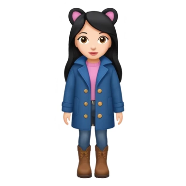 Gordita, ojos pequeños de color cafe oscuro, labios pequeños y rosados, piel trigueña, orejas pequeñas, cabello largo lazio y negro, pequeña. cuerpo completo. vestida con saco de lana jean color azul y botas color café. No le pongas orejas sticker