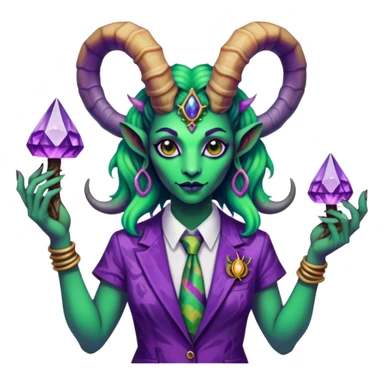 Feminine green and purple Scorpio Baphomet standing among trippy tie-dye mushrooms.. she’s holding a crystal in one hand and  holding a scorpion  sticker