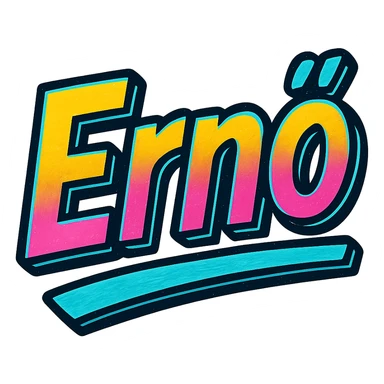 Ernő name in modern colorful gradient font with dark outline, dynamic slanted or partial underline, transparent background, in the style of reference patterns sticker