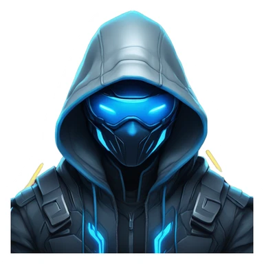 developer behind his laptop with this style : crysis Cyberpunk Valorant neon glowing bright blue character blue black hooded assassin themed character sticker