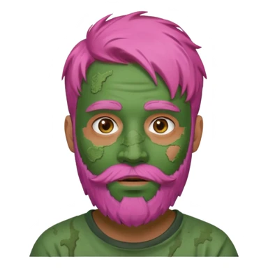 pink haired man with full full face dirty messy green clay mask and beard sticker