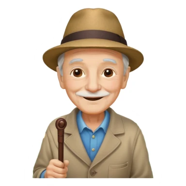 old man with a cane, smiling, wearing a hat, standing near flowers, peaceful atmosphere sticker