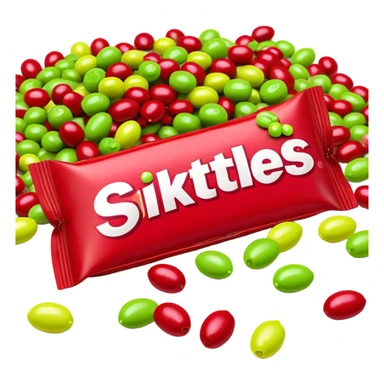Original red Skittles package opened with logo visible, with only lime green Skittles candies spilling out, no other colors of candy sticker