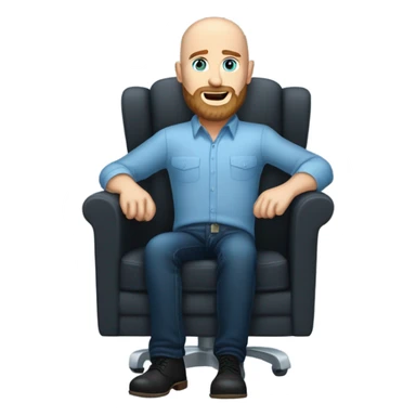 Brown beard Wearing a black dress shirt with a subtle pattern, blue jeans and black Chelsea boots Bald, Caucasian, sky-blue-eyed, Psychotherapist in a modern chair with a full beard sticker
