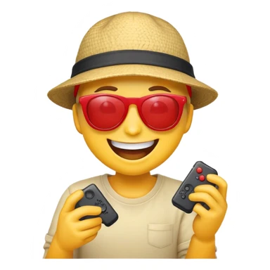 Laughing emoji with red sun glasses and a hat playing video games sticker