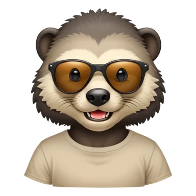 friendly anthropomorphised honey badger head and neck wearing sunglasses, top of t-shirt visible sticker