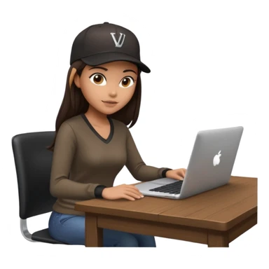 A professional 3D avatar of a young woman with olive skin and long, dark brown hair, wearing a dark, long-sleeved V-neck brown shirt and a black baseball cap. She's sitting at a sleek wooden desk, typing and looking at a silver MacBook.  sticker