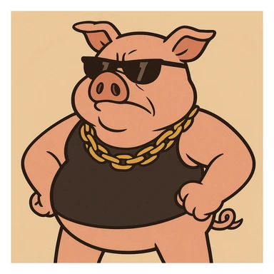 boss hog piggy, tough pig with sunglasses, gold chain, confident stance, cartoon style sticker