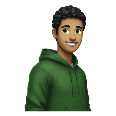 A young man with black hair and green eyes. Wearing a dark green hoodie. Smiling. sticker