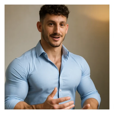 Create a realistic man with a face inspired by the provided photo, but with a muscular body: well-developed and prominent chest and biceps. The face should resemble the photo, while the body should be athletic and defined. The style should be realistic with a positive and motivational atmosphere. sticker
