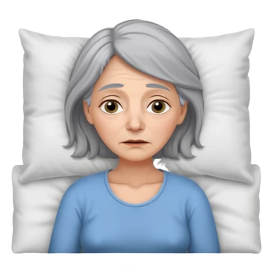 A 55-year-old woman lying in bed. She looks exhausted and desperate, with visible dark circles under her eyes, tired facial expression. sticker