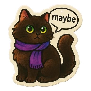 Fluffy dark-brown cat with green eyes and a purple scarf saying ‘maybe’ (with a speech bubble) sticker