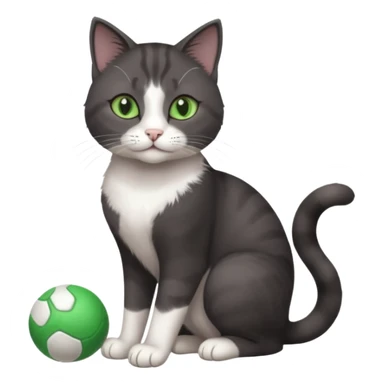 beautiful female solid dark grey cat with green eyes, white toes/paws and white patch on her chest playing sticker