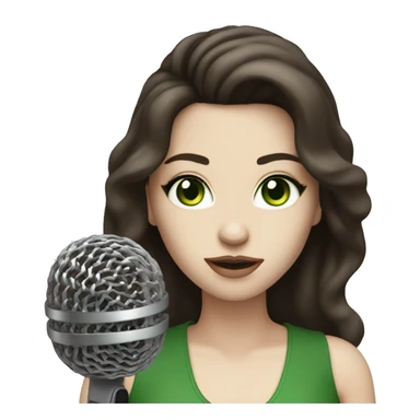 A pop singer with a microphone, dark brown hair and pale skin and green eyes sticker