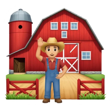a farmer waving in front of a red barn sticker