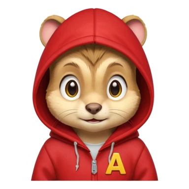 Portrait of a cartoon chipmunk with light brown and beige fur, wearing a red hoodie no zip with a yellow 'A' on it, big round eyes, small nose, and a mischievous grin, front-facing, stylized in animated movie style sticker