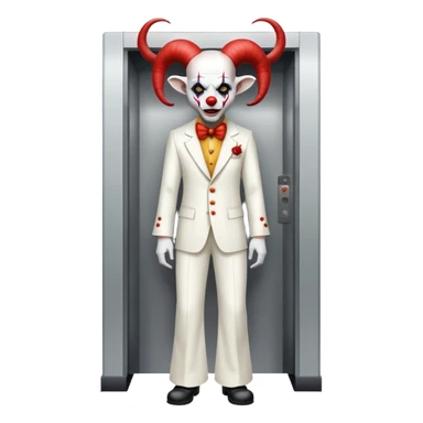 full-body demonic clown in a white leisure suit with bellbottom pants, bald, with black ram horns, wearing elevator shoes sticker