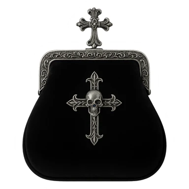 Aristocrat goth pocketbook, black velvet, silver clasp, gothic motifs sticker