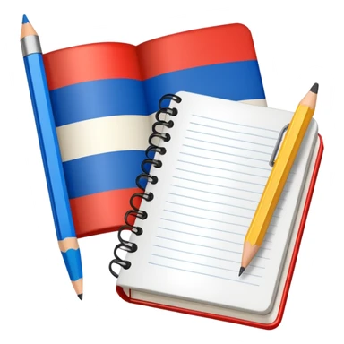 book with Russian flag colors, open notebook and pencil nearby sticker