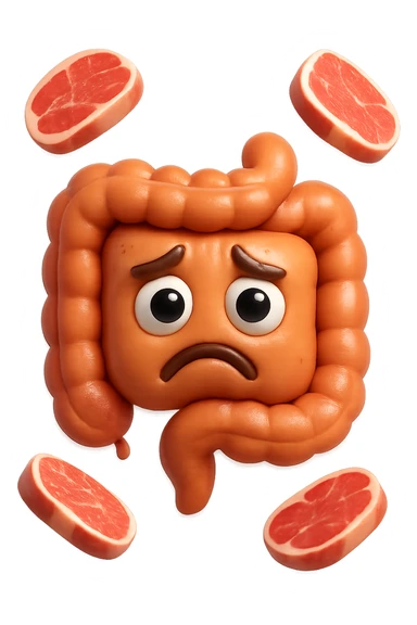 emoji stile iphone in 3d di un intestino triste con fette di carne che gli fluttuano intorno, gli occhi falli con la parte bianca pure, iperrealistico 4k sticker