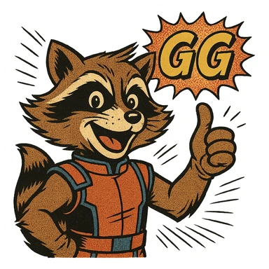 Rocket Raccoon in old school comic book style, giving a thumbs up or victory sign, with the text: GG, cheerful expression sticker