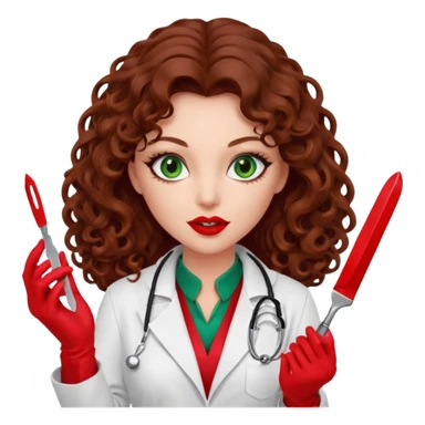 Lilith symbol seductress evil woman. She has green eyes.  had brown long curly hair.  evil surgeon kills with scalpel wears red sexy doctor coat with red mouth cover red gloves sticker