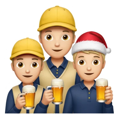 16 men on a golf trip wearing yellow golf caps all holding a beer can with a Xmas style label. Has to be 16 of them. sticker
