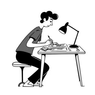 Edit the stick figure to be working on his designs, keep the same hand drawn doodle style. sticker