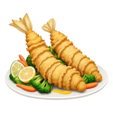 Tempura Cinematic Realistic Tempura Dish Emoji, depicted as extra crispy, lightly battered seafood and vegetables, rendered with vivid textures and dynamic, bright lighting. sticker