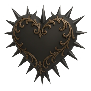 Add sharp metallic spikes to the black gothic heart in 3D black style, keeping the gothic and dark aesthetic with no background. sticker