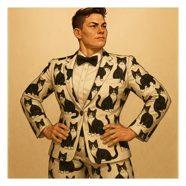 masculine woman with short brown hair and a tuxedo cat, style 1 sticker